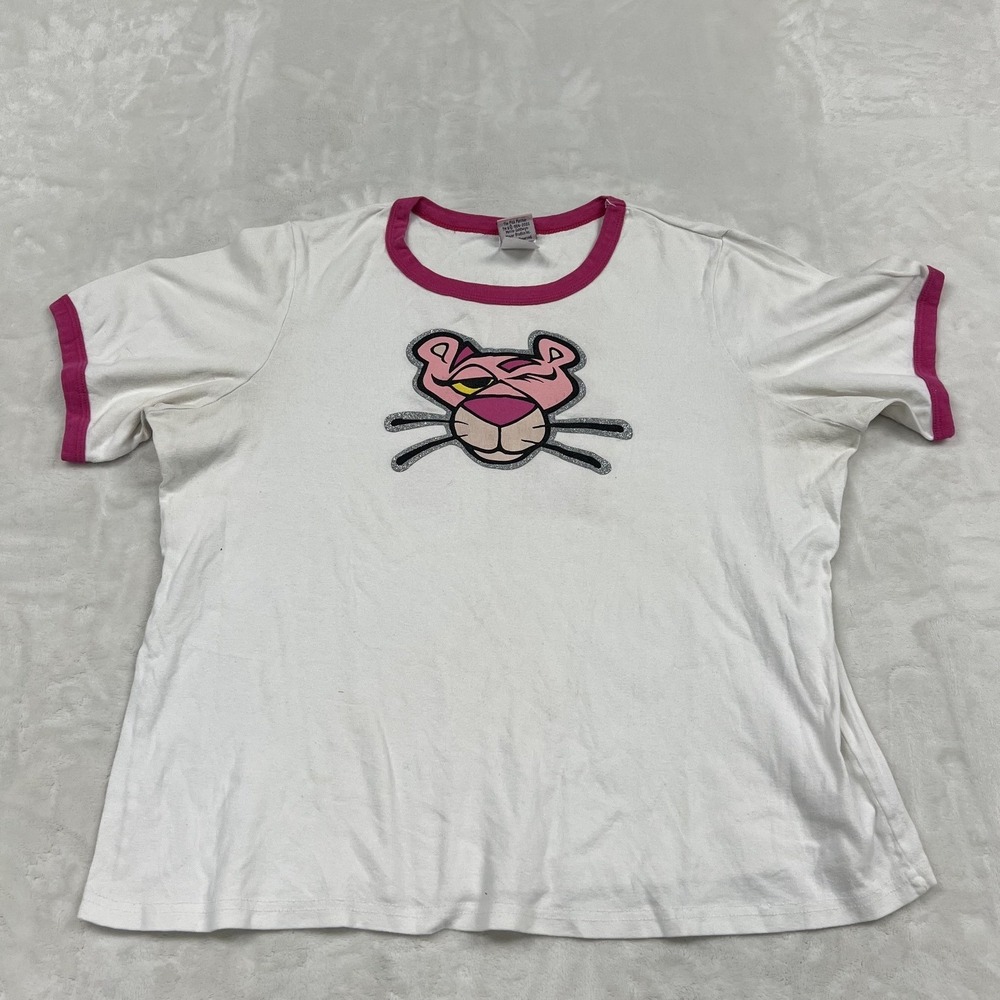 Pink Panther Ringer T-Shirt Womens 1X White Pink Graphic Glitter 2003 Vintage